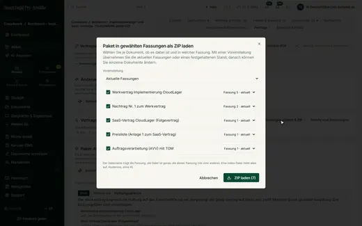 Voreinstellung wählen, je Dokument abhaken und die Fassung bestimmen; der Dateiname trägt die Fassung.