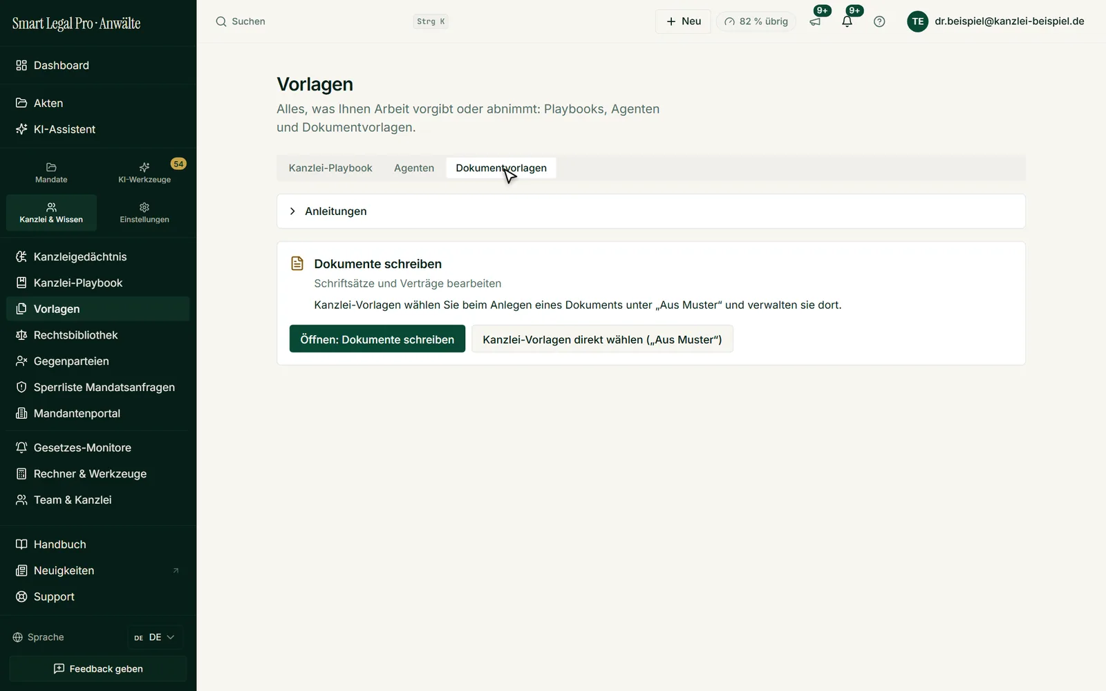 The Templates page brings together the firm playbook, agents and document templates; you choose firm templates under “From template” when creating a document.