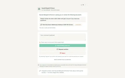 The recipient sees the law firm, the note and the one document and decides: approve, request revision, reject or comment.