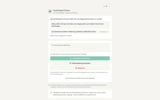 Der Empfänger sieht Kanzlei, Notiz und das eine Dokument und entscheidet: zustimmen, Überarbeitung anfordern, ablehnen oder kommentieren.