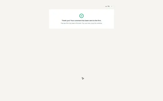 After sending, the page confirms the feedback; the guest can close the window.