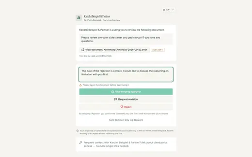 "Send comment only" leaves the link open and informs the law firm; approval and rejection remain separate from it.