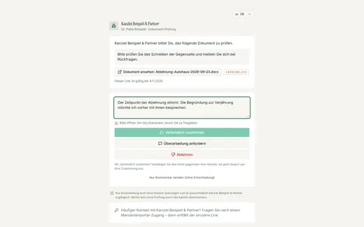 „Nur Kommentar senden“ lässt den Link offen und informiert die Kanzlei; Zustimmung und Ablehnung bleiben davon getrennt.