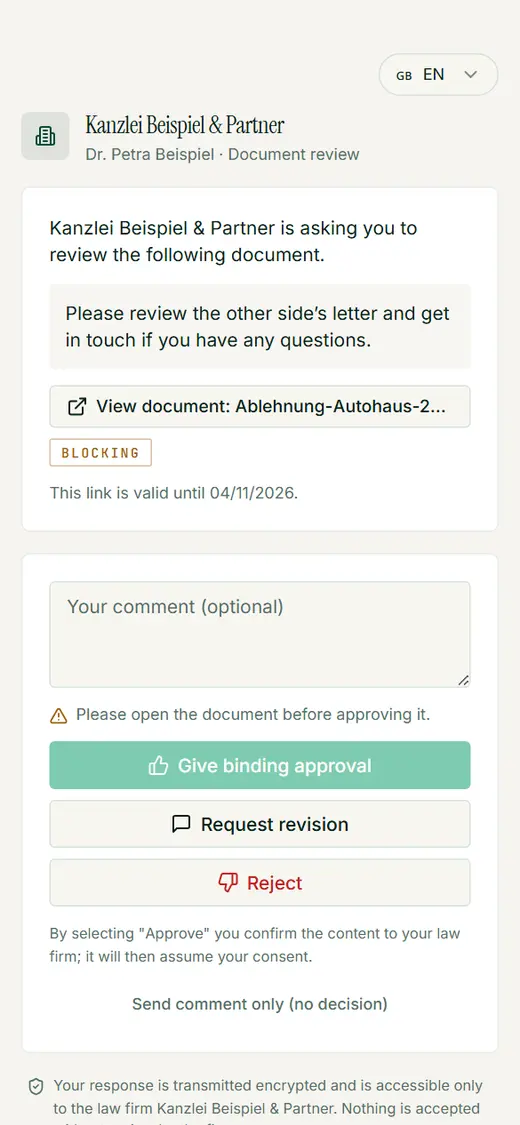 The guest page is built for the phone: view the document, write a comment and three decisions one below the other.