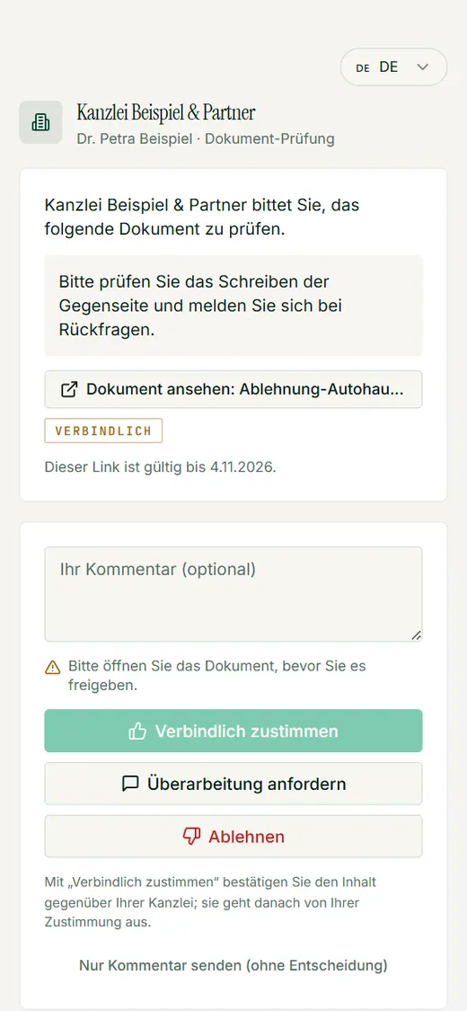 Die Gastseite ist für das Handy gebaut: Dokument ansehen, Kommentar schreiben und drei Entscheidungen untereinander.