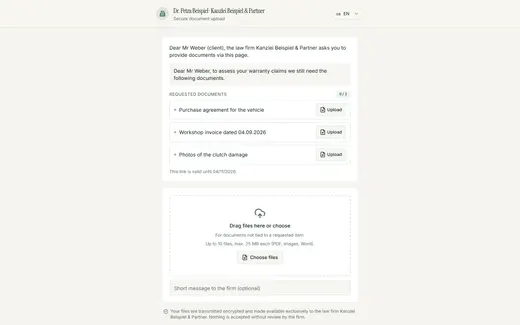 The law firm's message, the list of requested documents with progress and an upload button for each item.