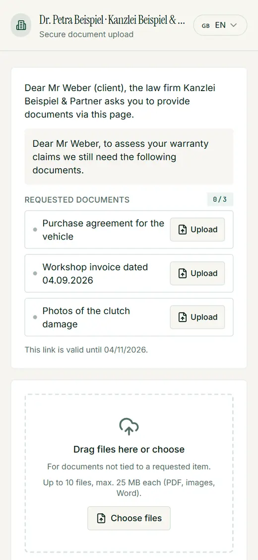 The upload page works on the phone without an app: tap an item, choose a file or photo.