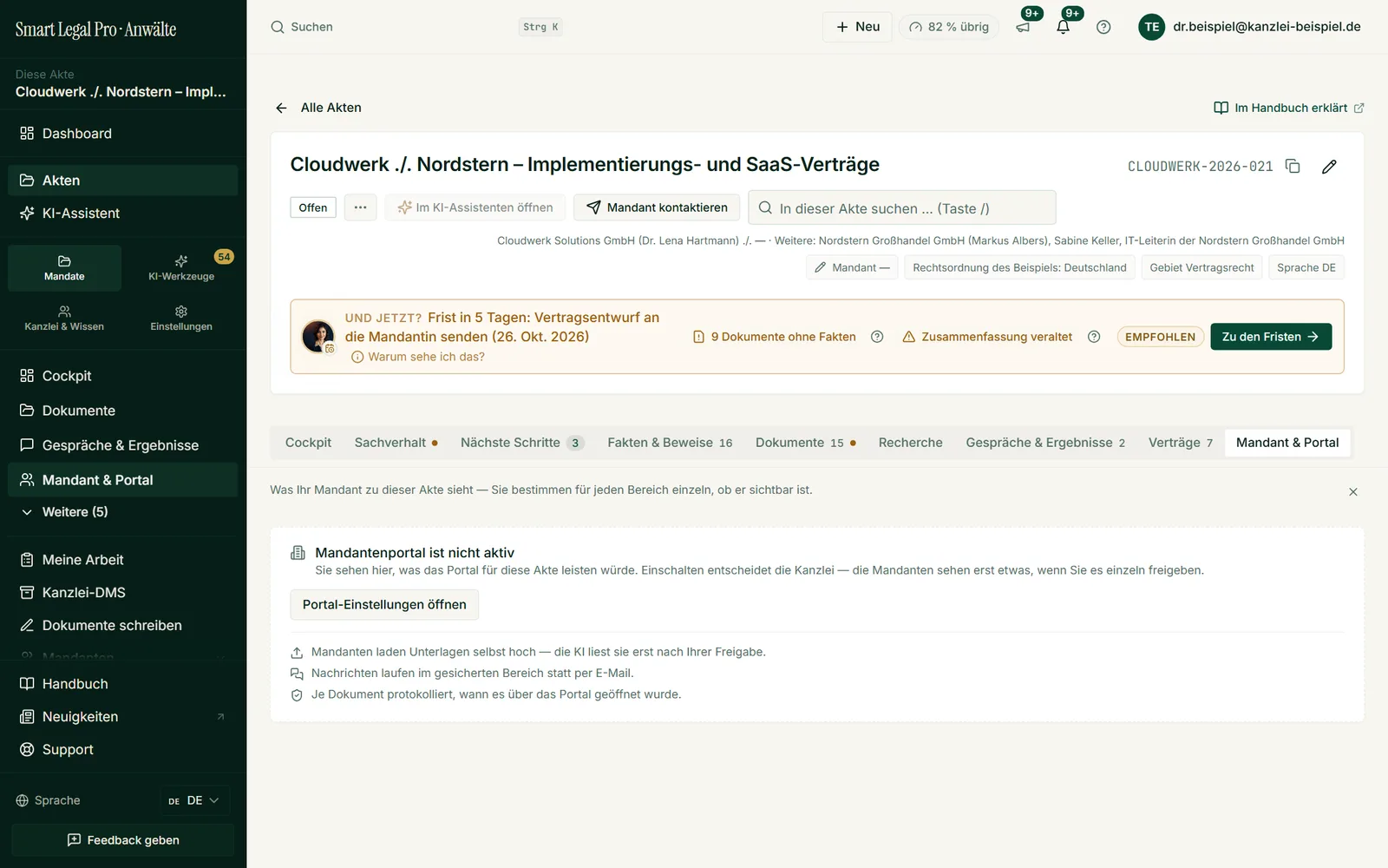 Im Reiter „Mandant & Portal“ legen Sie je Akte fest, was der Mandant sieht; Unterlagen, Nachrichten und Dokumentabrufe laufen über das Portal.