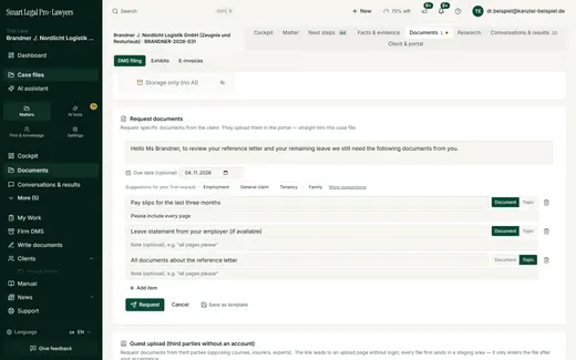 The lawyer creates a request list in the case file: a message to the client, three items (two documents, one topic) and a deadline.