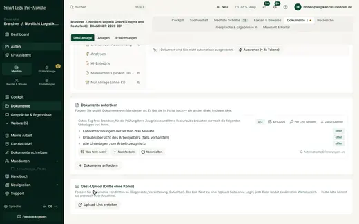 Nach dem Absenden erscheint die Anforderung mit allen Punkten als offen; die Kanzlei sieht Frist und Fortschritt und kann nachfordern oder zurückziehen.