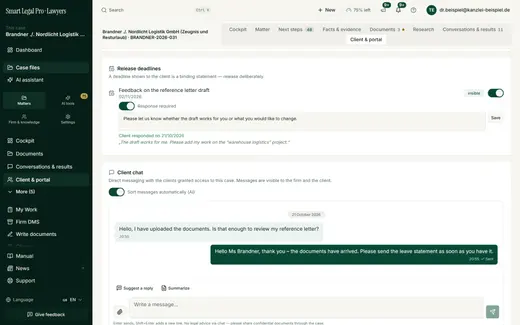 The client's message appears in the case file's client chat; the firm replies there – protected in the portal instead of by email.