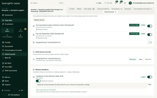 In the “Client & portal” tab the firm controls releases per area and sees the client's answer to its question.