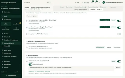 Im Reiter „Mandant & Portal“ steuert die Kanzlei Freigaben je Bereich und sieht die Antwort der Mandantin auf ihre Rückfrage.
