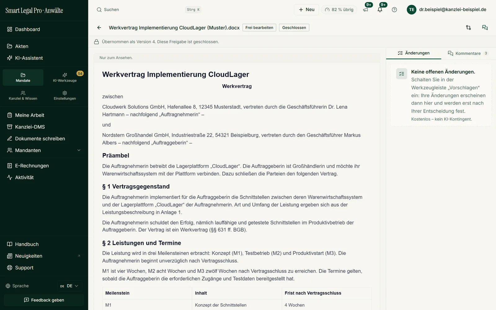 Nach der Runde mit der Mandantin steht der Stand fest: „Übernommen als Version 4“, die Freigabe ist geschlossen, offene Änderungen gibt es nicht mehr – nachvollziehbar je Fassung.