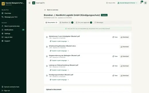In the case file the client sees only the documents that have been shared, can view or download them and upload her own documents.