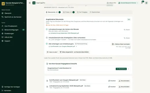 Die Mandantin hat zwei Punkte mit Dateien belegt und einen als „nicht verfügbar“ begründet; jetzt kann sie alles gesammelt übermitteln.