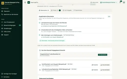 Nach dem Übermitteln sind die Punkte gesperrt und die Mandantin sieht die Bestätigung, dass ihre Kanzlei die Unterlagen jetzt prüft.