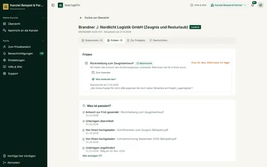 Nach dem Senden steht die Frist als „Beantwortet“ mit Datum; die Antwort ist bei der Kanzlei angekommen und bleibt nachvollziehbar.