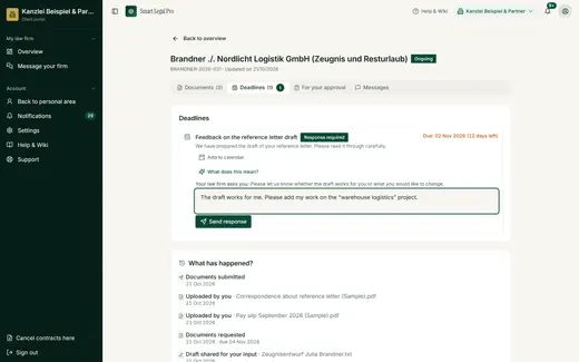For a deadline the firm asks for a reply; the client sees date, note and question and answers directly in the portal.