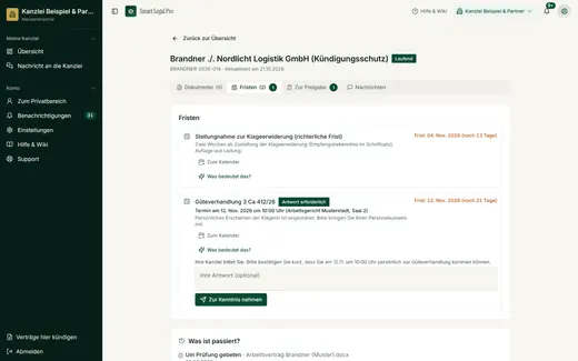 Im Reiter „Fristen“ sieht die Mandantin nur die von der Kanzlei freigegebenen Fristen und Termine mit Datum und Hinweis.