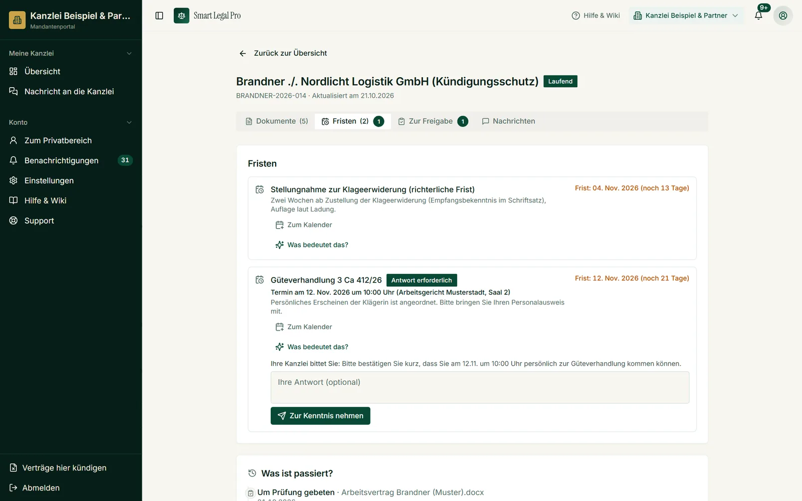 Im Reiter „Fristen“ sieht die Mandantin nur die von der Kanzlei freigegebenen Fristen und Termine mit Datum und Hinweis.