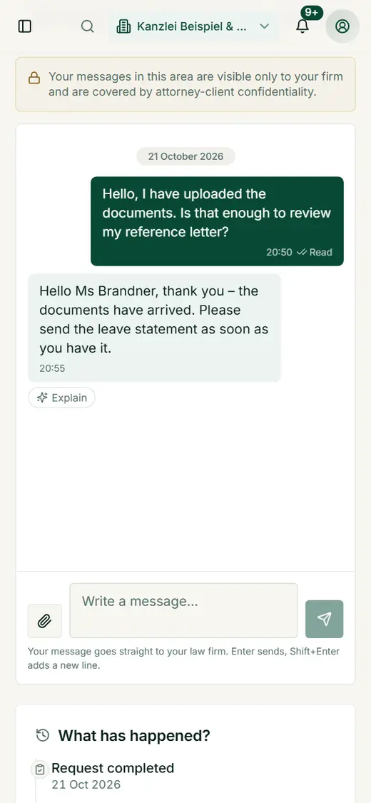 The exchange with the firm also works on mobile: write a message, attach a document, read the firm's reply.