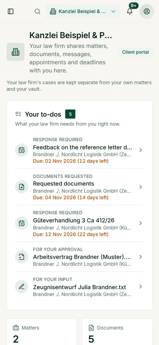 The client portal start page in a single column on a smartphone: open to-dos from the firm with their deadlines on top, case files and documents below.