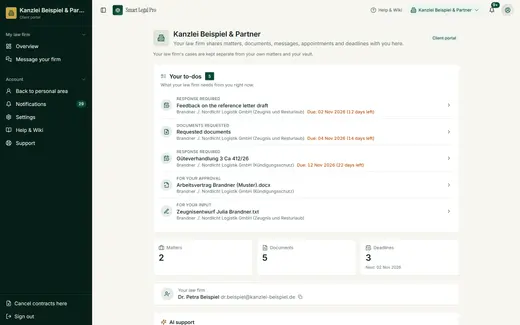 The client's start page shows what the law firm currently needs, plus case files, documents and the next deadlines – only what has been shared.