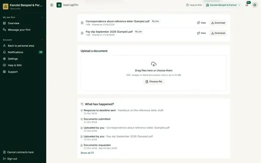 Below the tabs the portal shows the client the history of her case file – requests, uploads, replies – without the firm's internal notes.