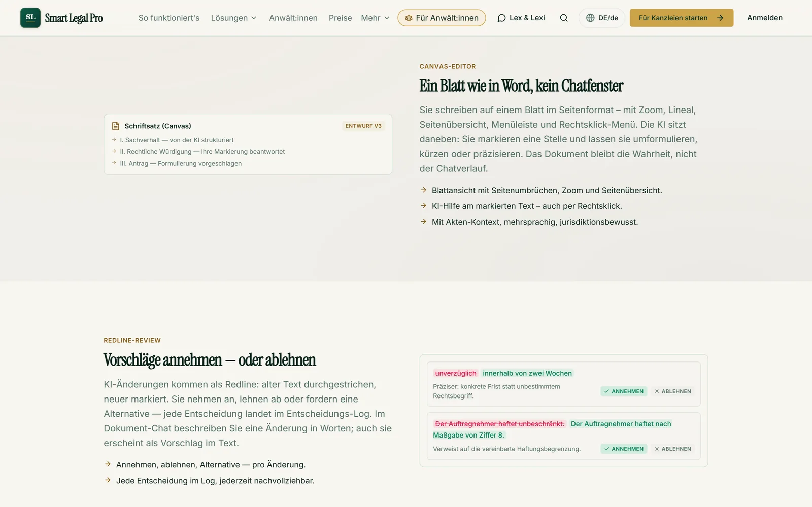 Ein Blatt wie in Word mit KI daneben: Vorschläge als Redline annehmen oder ablehnen, jede Entscheidung bleibt im Log.
