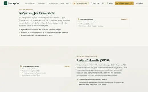 Professional rules built in: blocklist, § 203 StGB and AI labeling