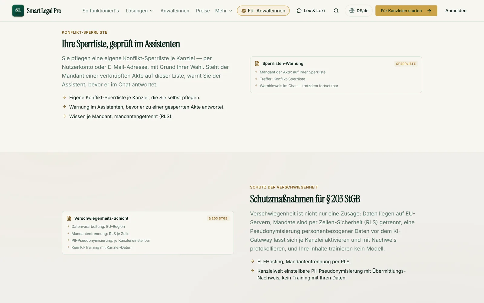 Konflikt-Sperrliste, Schutzmaßnahmen für die Verschwiegenheit nach § 203 StGB und EU-Hosting, beschrieben mit dem, was das Produkt tut.