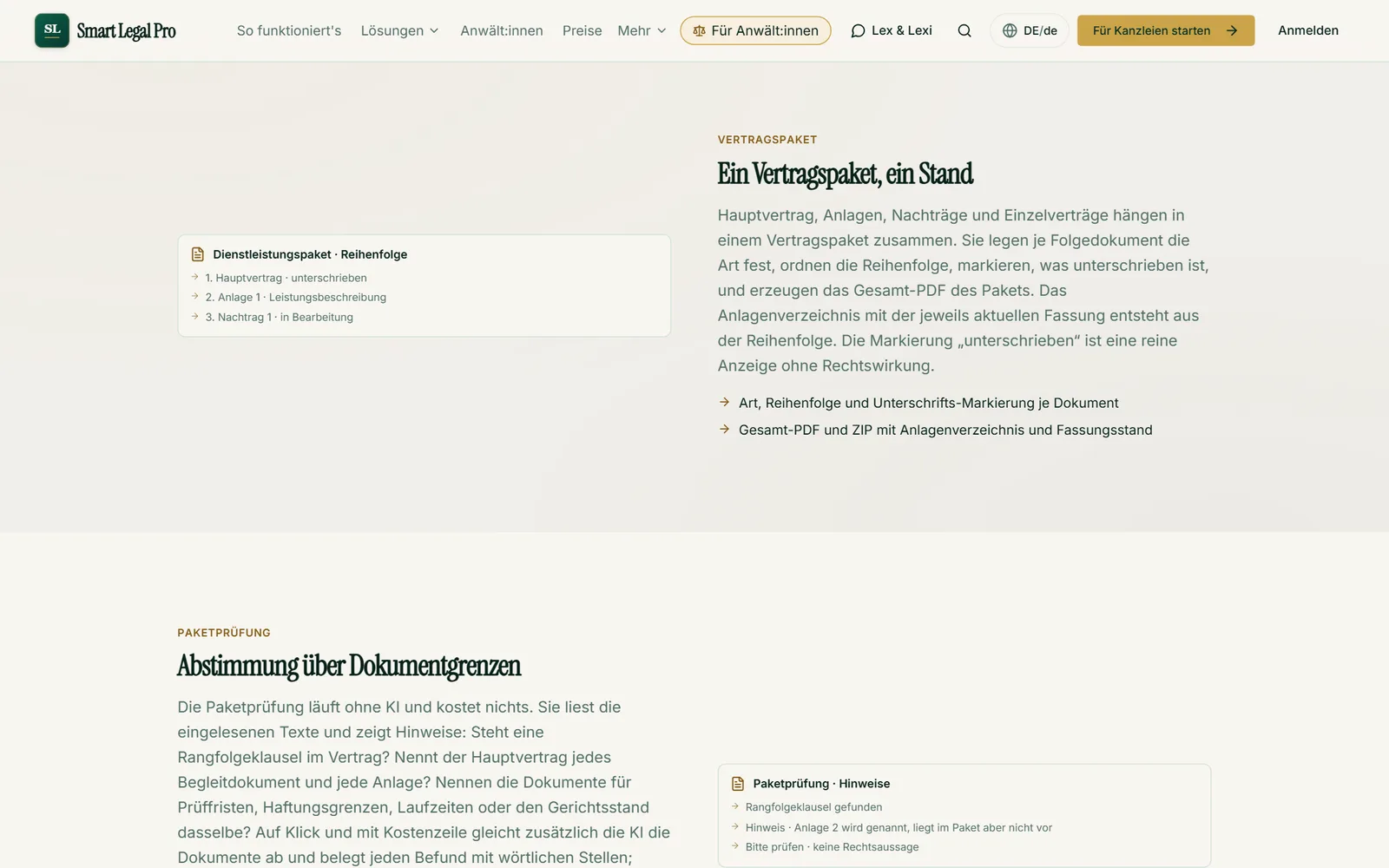 Hauptvertrag, Anlagen, Nachträge und Einzelverträge in einer Akte, mit Fassungen, Vergleich, Export und Paketprüfung.
