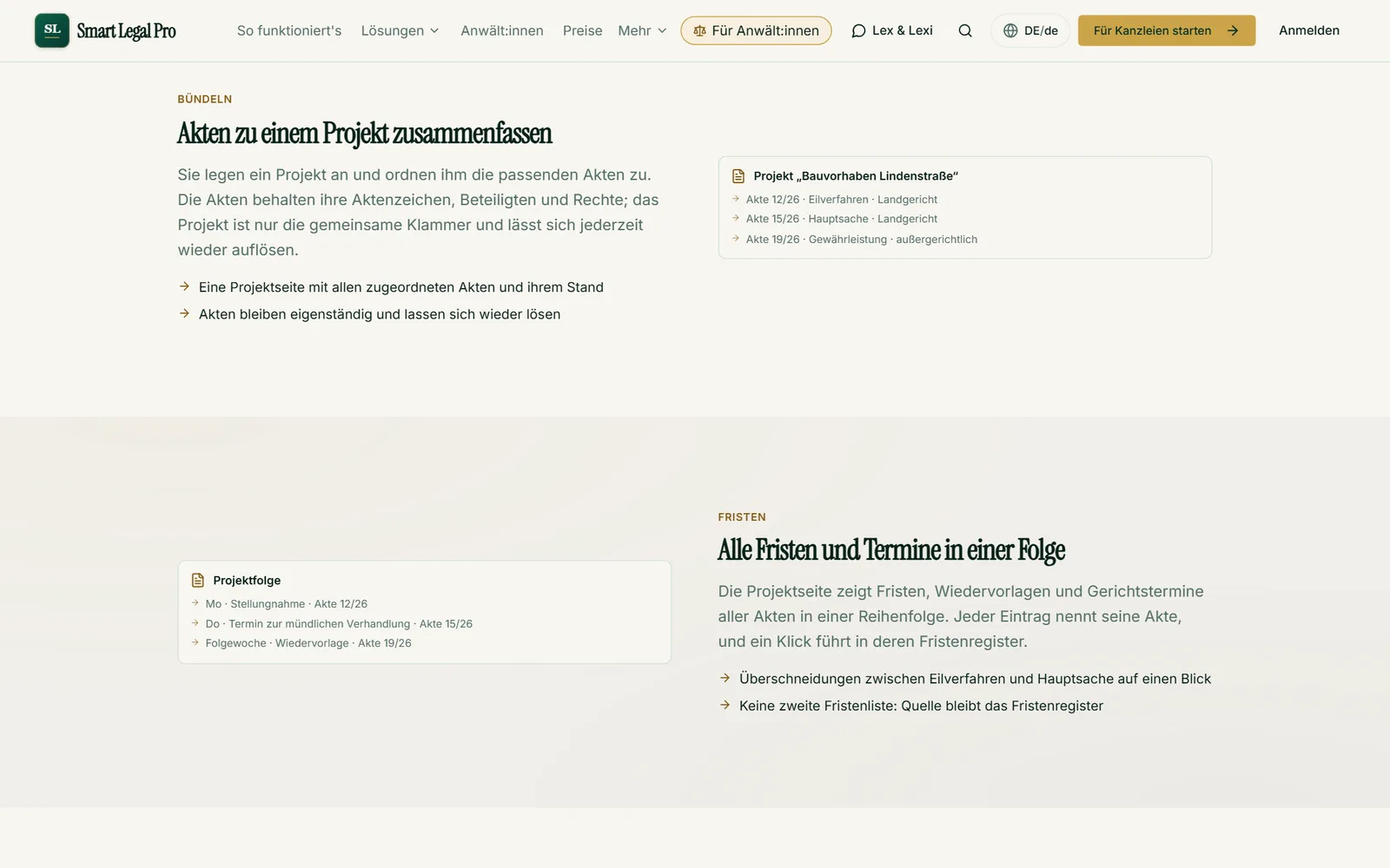 Ein Projekt bündelt zusammengehörige Akten wie Eilverfahren und Hauptsache mit gemeinsamer Fristfolge, ohne sie zu vermischen.