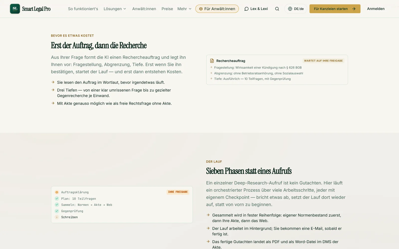 Aus Ihrer Frage entsteht ein Recherchauftrag, den Sie freigeben; danach läuft ein Prozess aus Sammeln, Gegenprüfung und Schreiben.