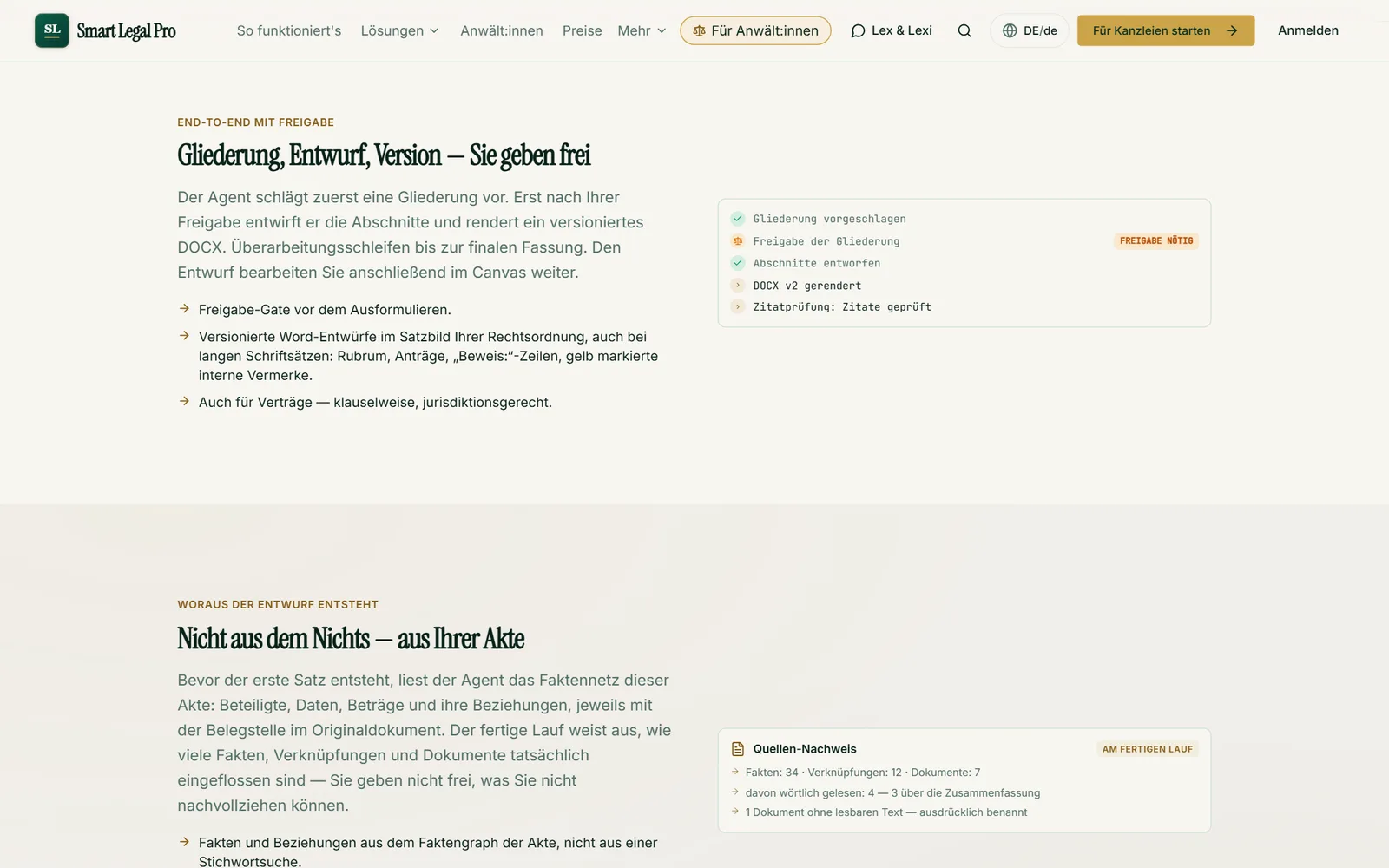 Von der Gliederung über Abschnittsentwürfe bis zum Word-Entwurf mit Zitatprüfung: Sie geben jeden Schritt frei.