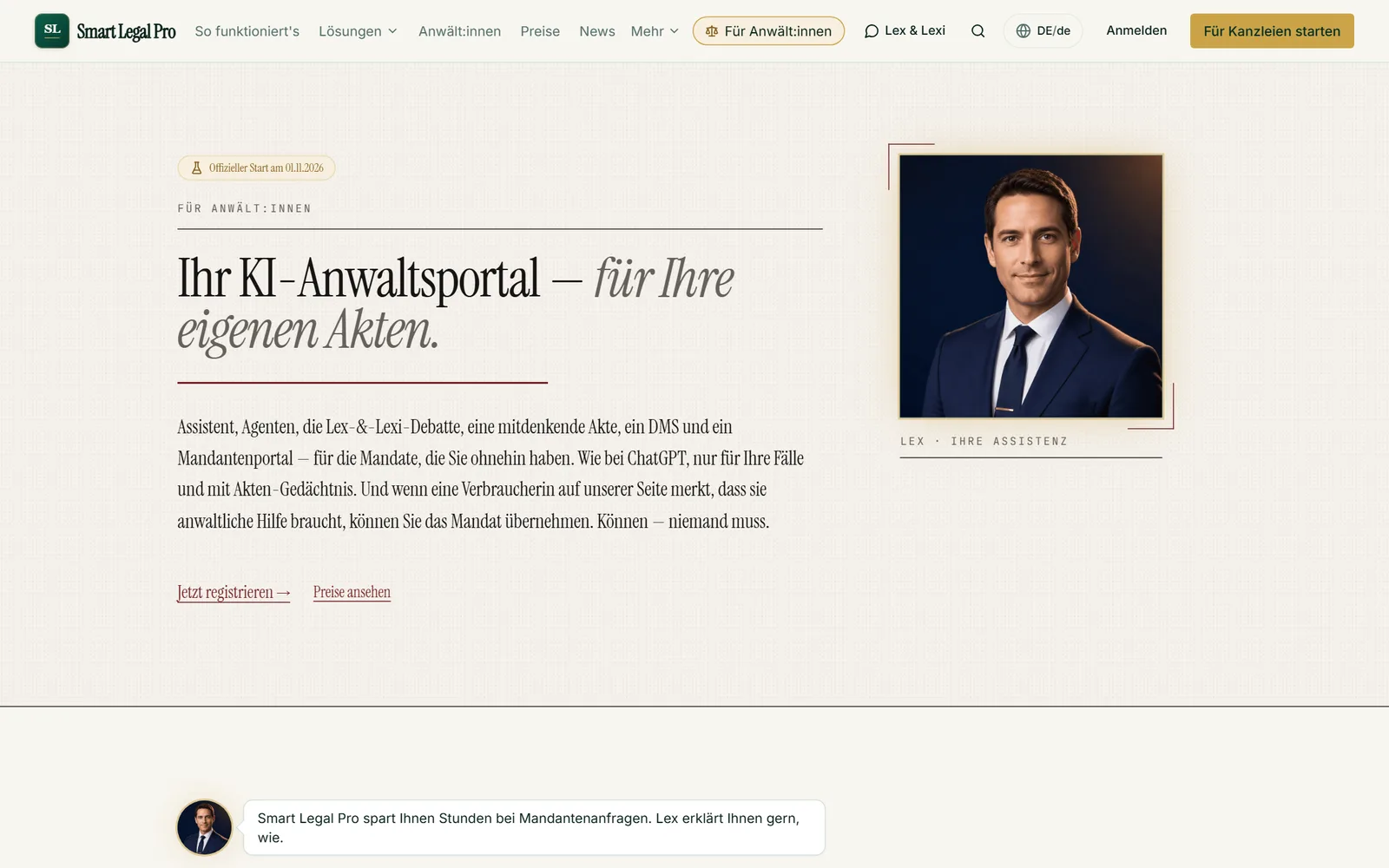 Die Startseite für Anwältinnen und Anwälte: Assistent, Agenten, Lex-&-Lexi-Debatte, mitdenkende Akte, DMS und Mandantenportal für die eigenen Mandate.
