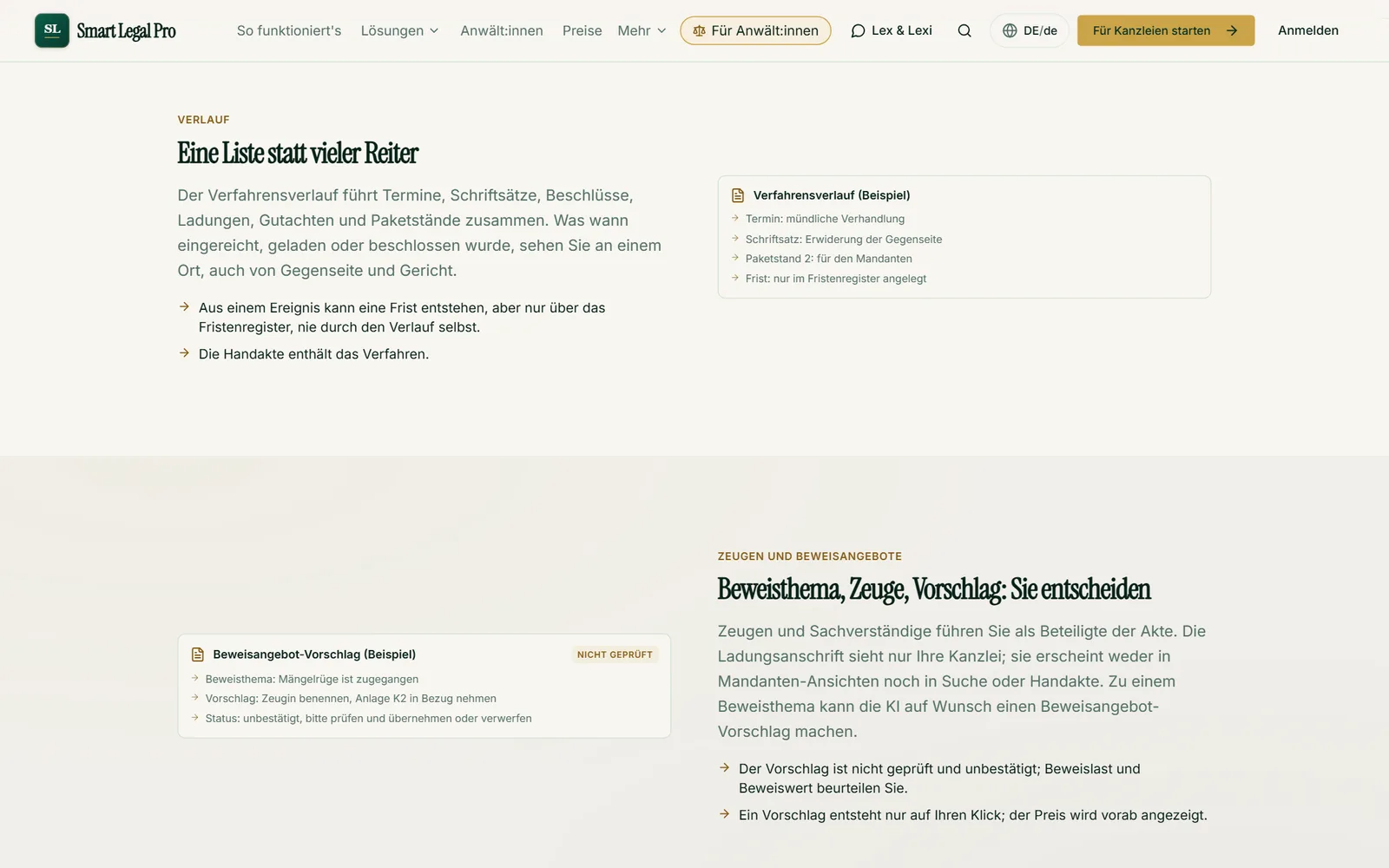 Termine, Schriftsätze, Ladungen und Paketstände zeitlich in einer Liste; Fristen entstehen nur im Fristenregister, Zeugen bleiben für Mandanten verborgen.