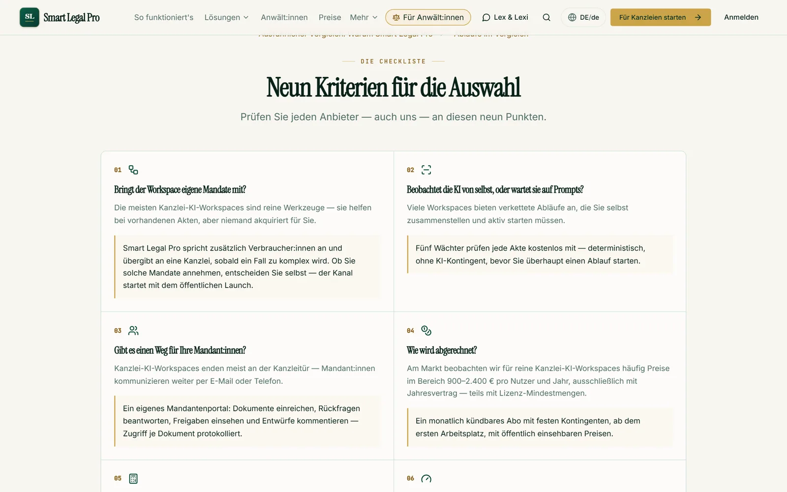 Eine Checkliste mit neun Kriterien, an der Sie jeden Anbieter prüfen können, einschließlich Smart Legal Pro.