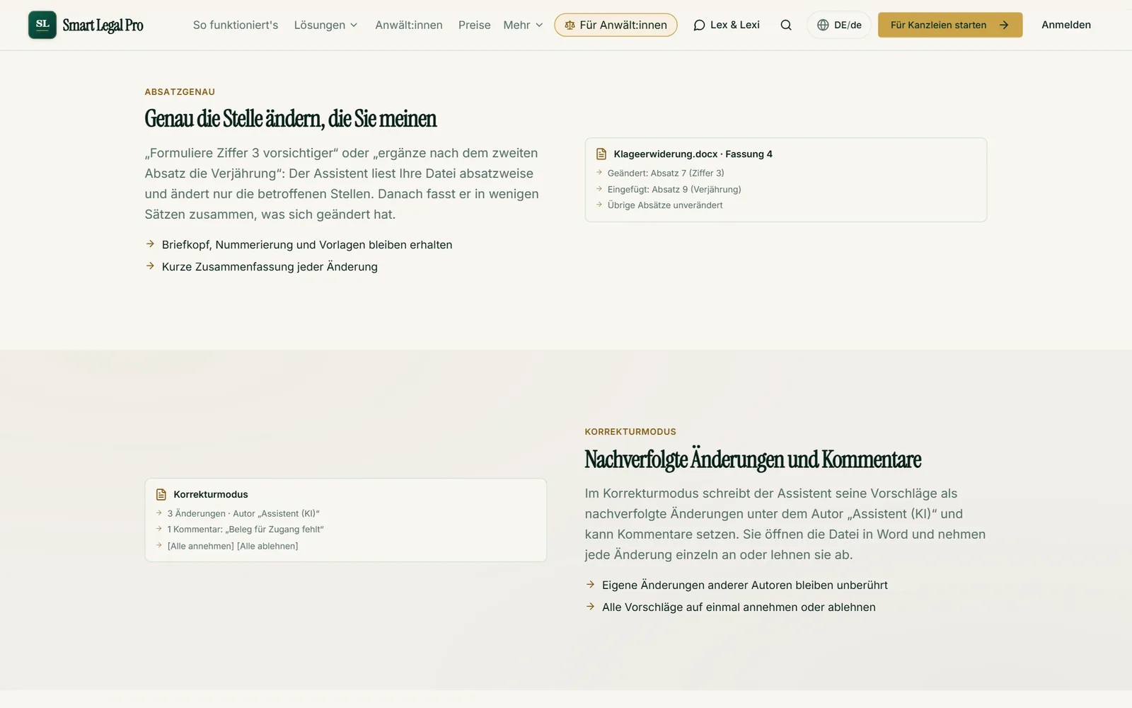 Sagen Sie, was sich ändern soll: Genau diese Absätze werden geändert, als nachverfolgte Änderung oder Kommentar, jede Änderung wird eine neue Fassung.