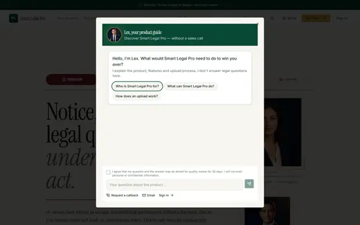 The advice dock opens a dialogue with Lex or Lexi: a greeting, example questions on target group, features and upload, and a note on where the information ends.
