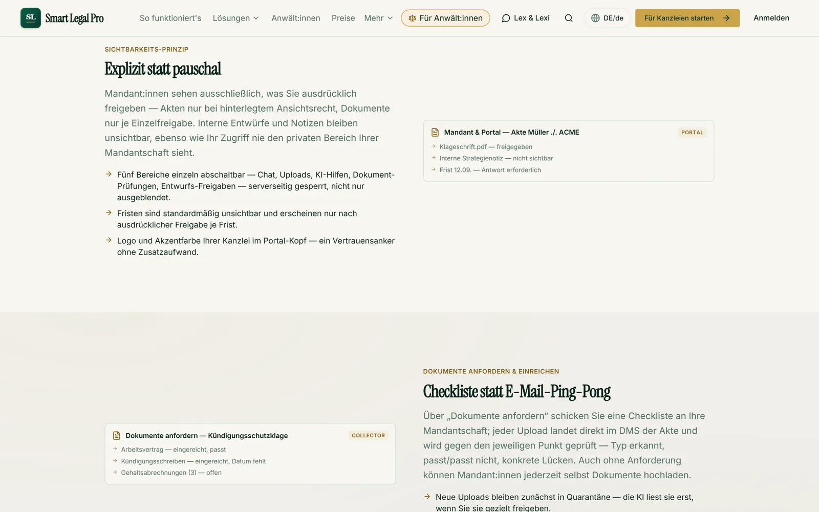 Akten nur mit Ansichtsrecht, Dokumente nur per Einzelfreigabe, Fristen nur nach Freigabe: das Sichtbarkeitsprinzip des Mandantenportals im Überblick.