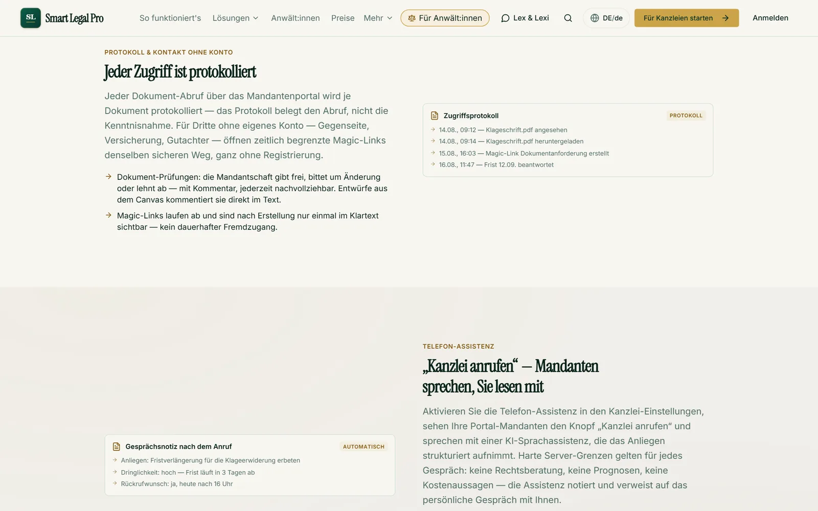 Jeder Dokument-Abruf wird je Dokument protokolliert – das belegt den Abruf, nicht die Kenntnisnahme. Für Dritte ohne Konto öffnen zeitlich begrenzte Magic-Links denselben sicheren Weg.