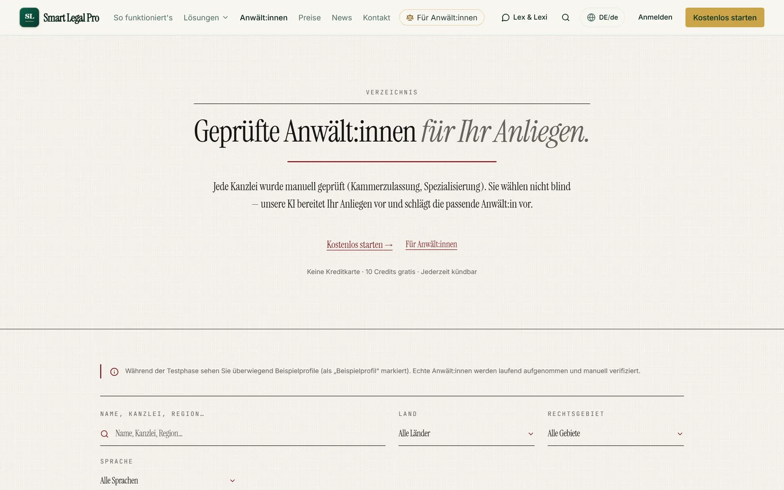 Das Verzeichnis für Privatpersonen: Kanzleien nach Land, Rechtsgebiet und Sprache finden; Beispielprofile sind in der Testphase gekennzeichnet.