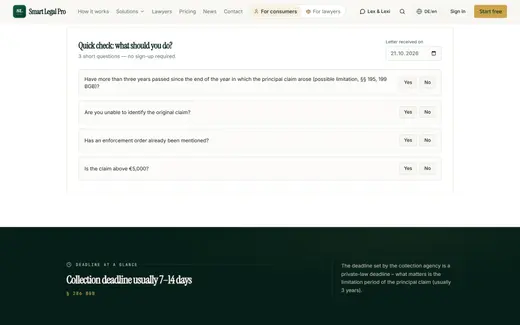 Excerpt of the debt collection use case: a quick check with yes/no questions and a note on the deadline.