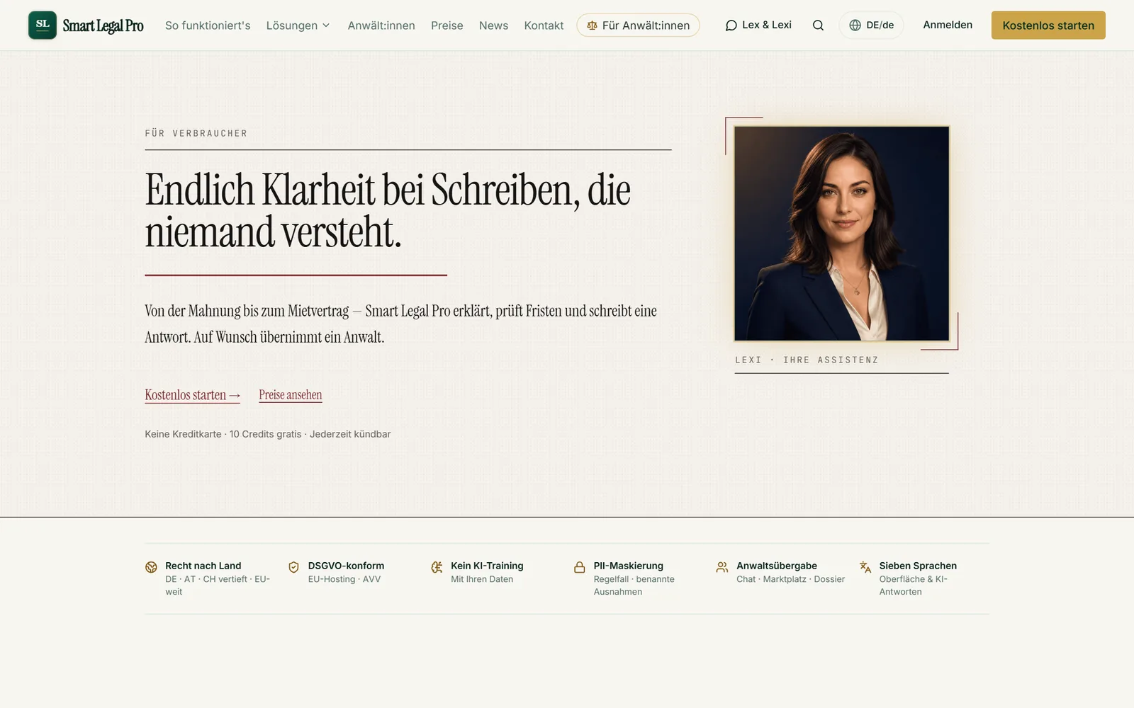 Einstiegsseite für Privatpersonen: Mahnungen, Bescheide und Verträge hochladen, in Klartext verstehen und mit Fristen und nächsten Schritten weiterarbeiten.