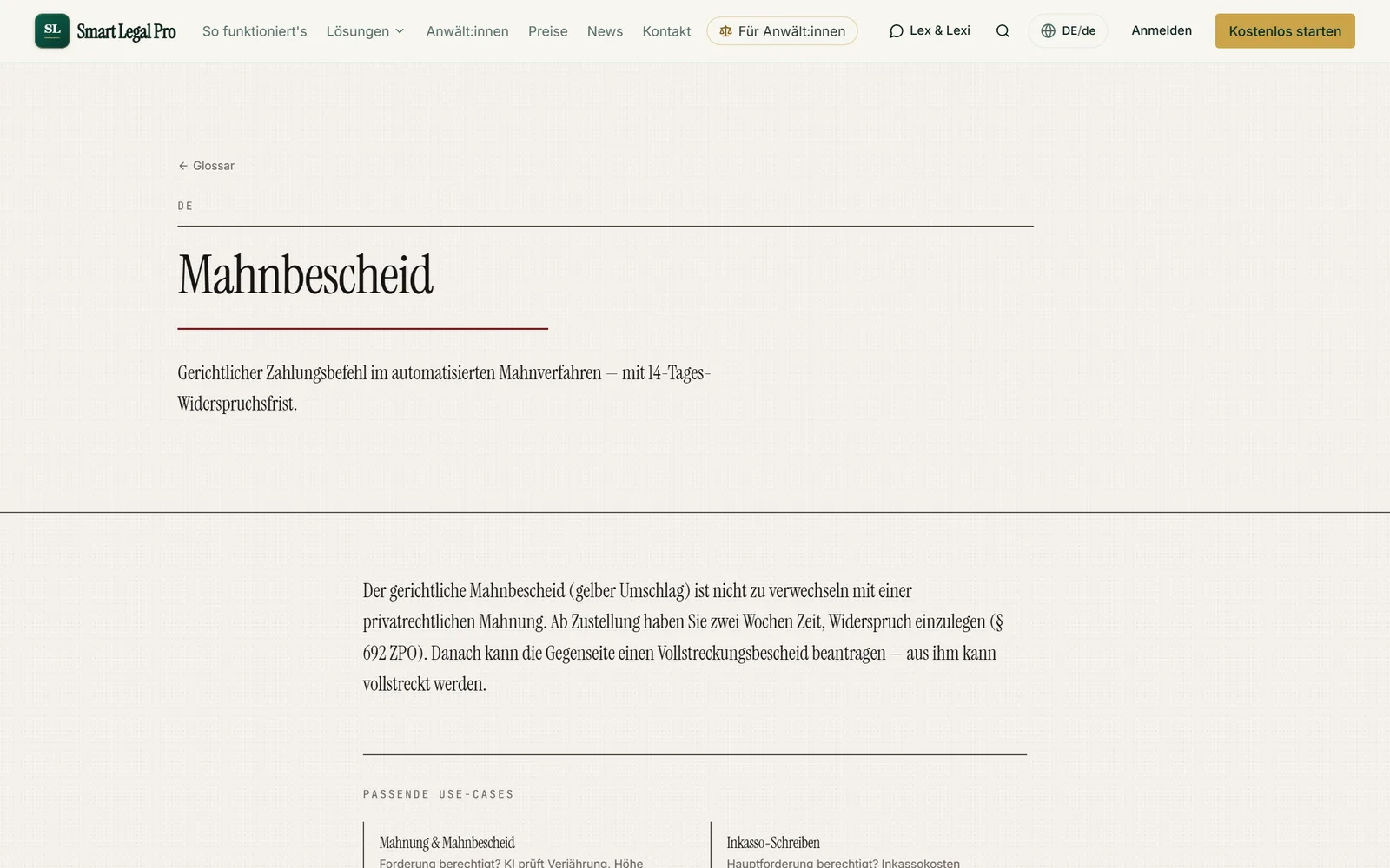 Der Glossar-Eintrag erklärt den gerichtlichen Mahnbescheid in Klartext, nennt die Widerspruchsfrist und verweist auf passende Anwendungsfälle.