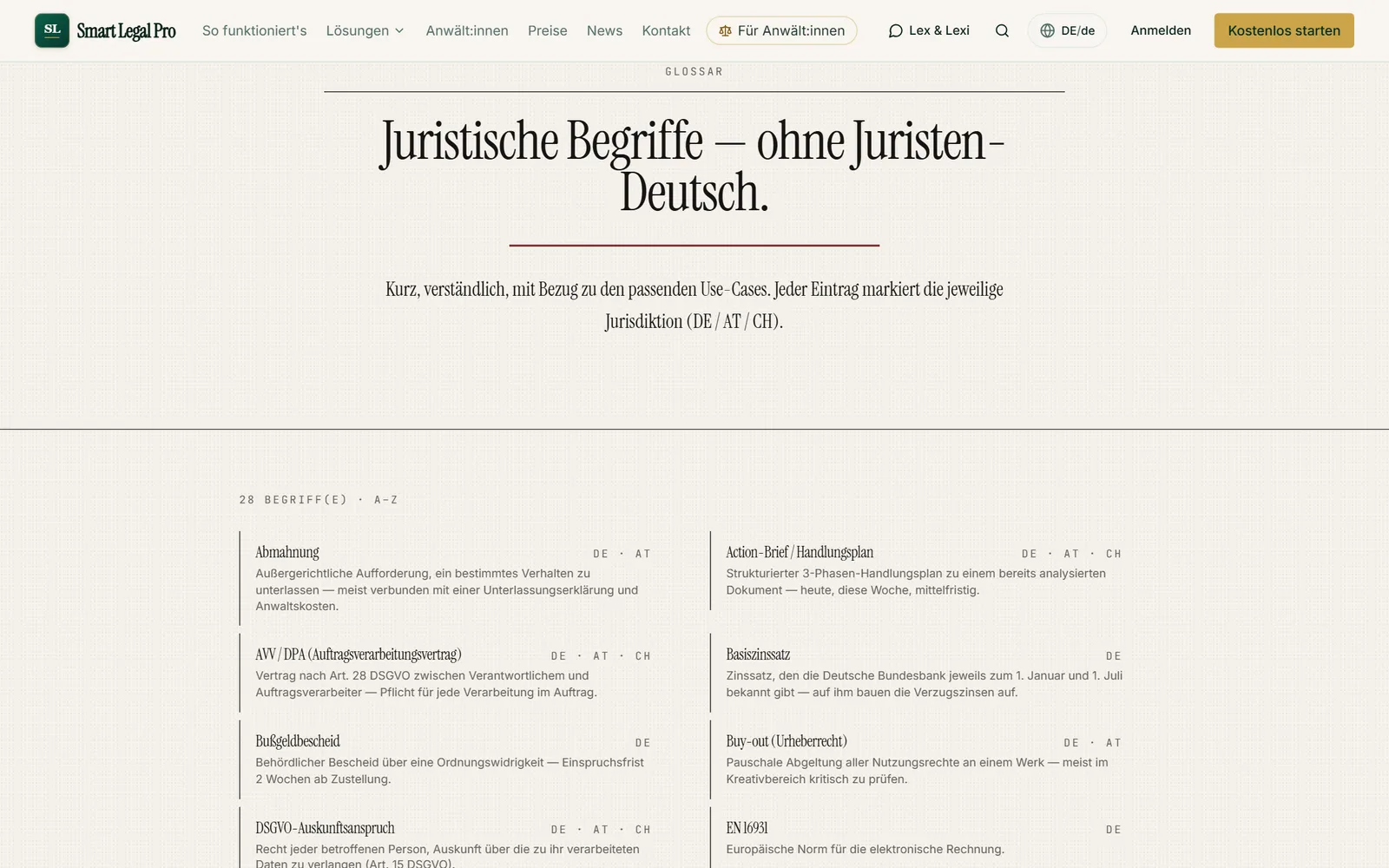 Das Glossar erklärt juristische Begriffe kurz und alphabetisch, mit Angabe der Rechtsordnung (DE, AT, CH) und Bezug zu passenden Anwendungsfällen.