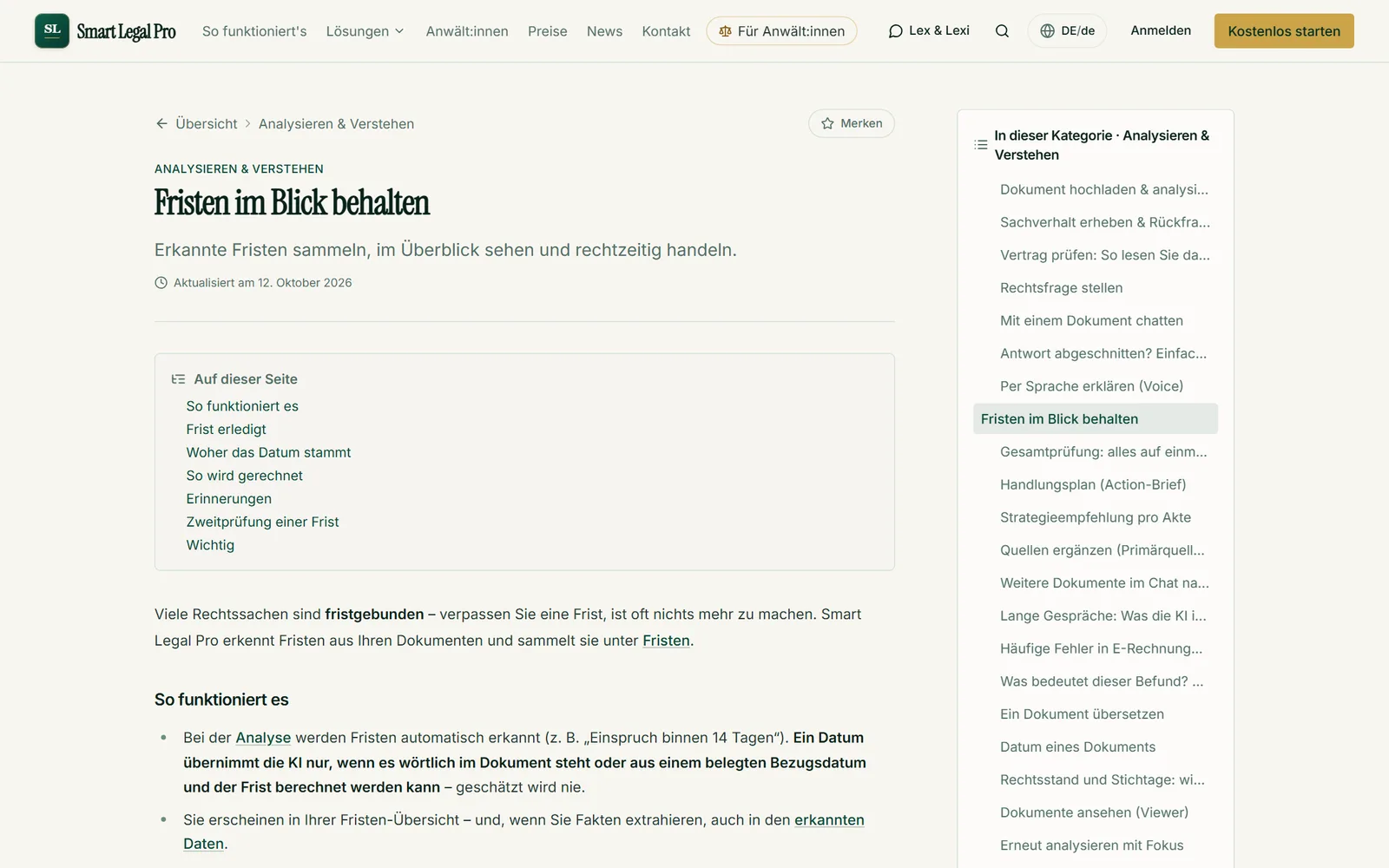 Ein Wiki-Artikel mit Inhaltsverzeichnis erklärt, wie Fristen erkannt, belegt und berechnet werden und wann ein Datum übernommen wird.