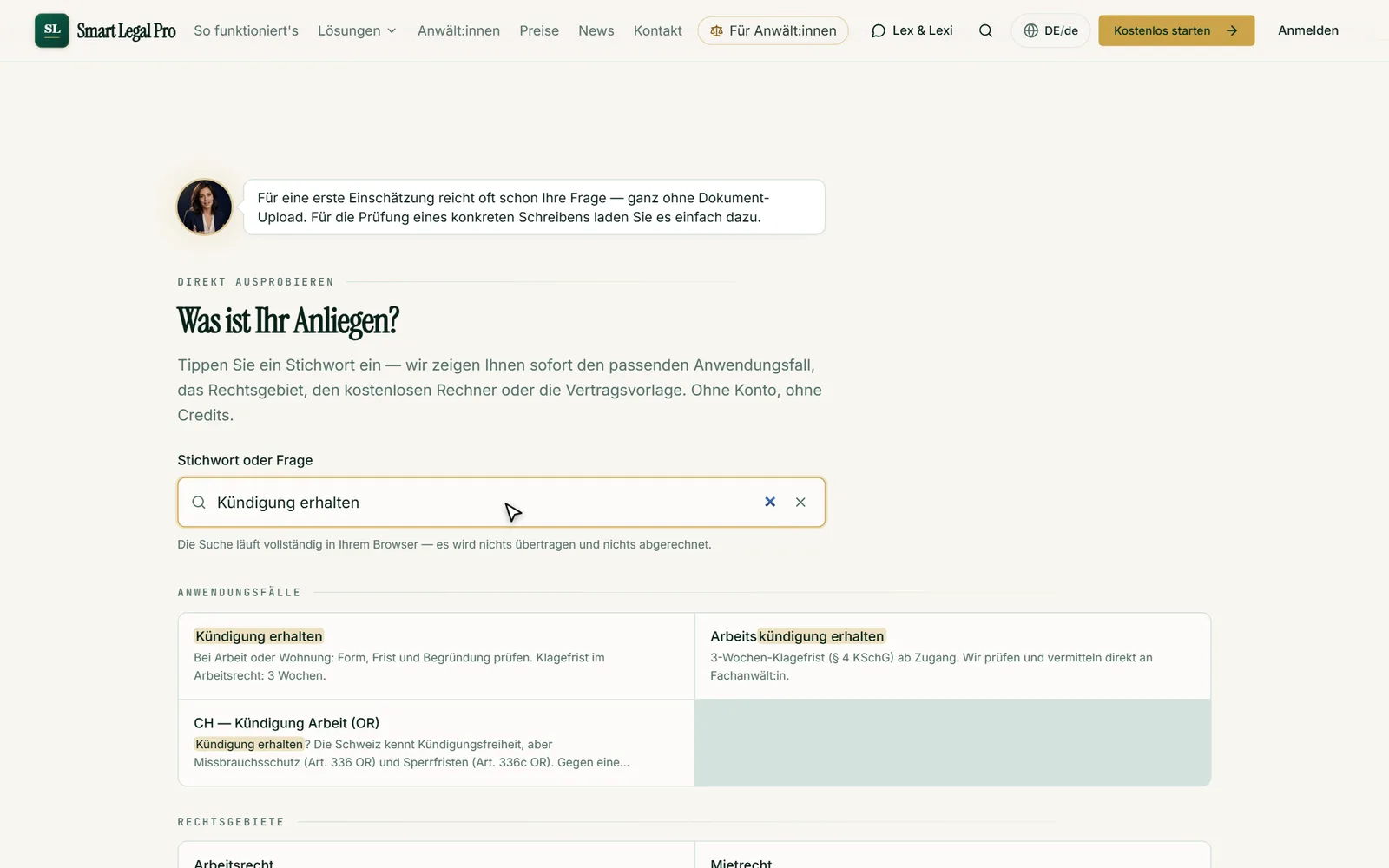 Ein Stichwort eintippen und sofort passende Anwendungsfälle finden, ohne Konto und ohne Credits.